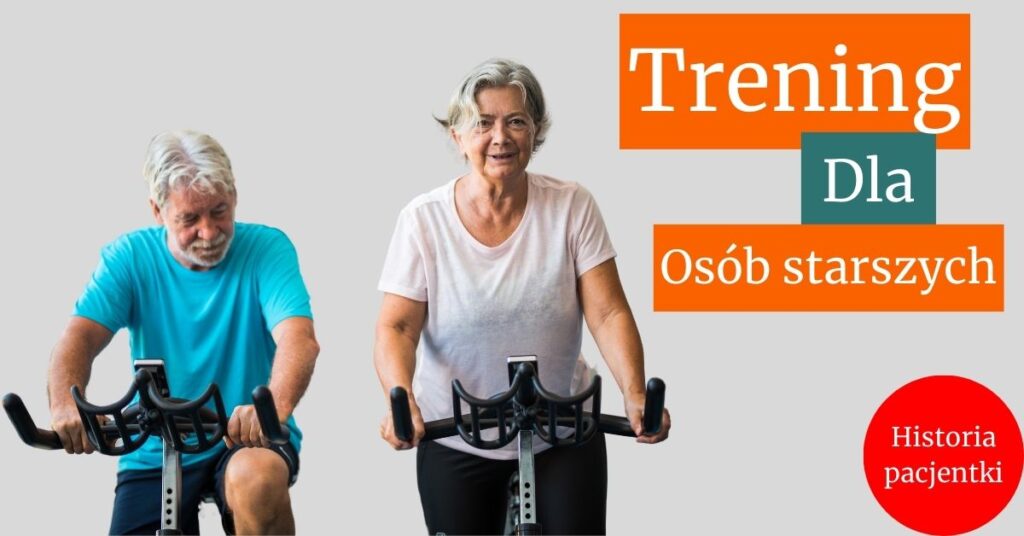Dwie starsze osoby jadące na rowerach - trening z fizjoterapeuta